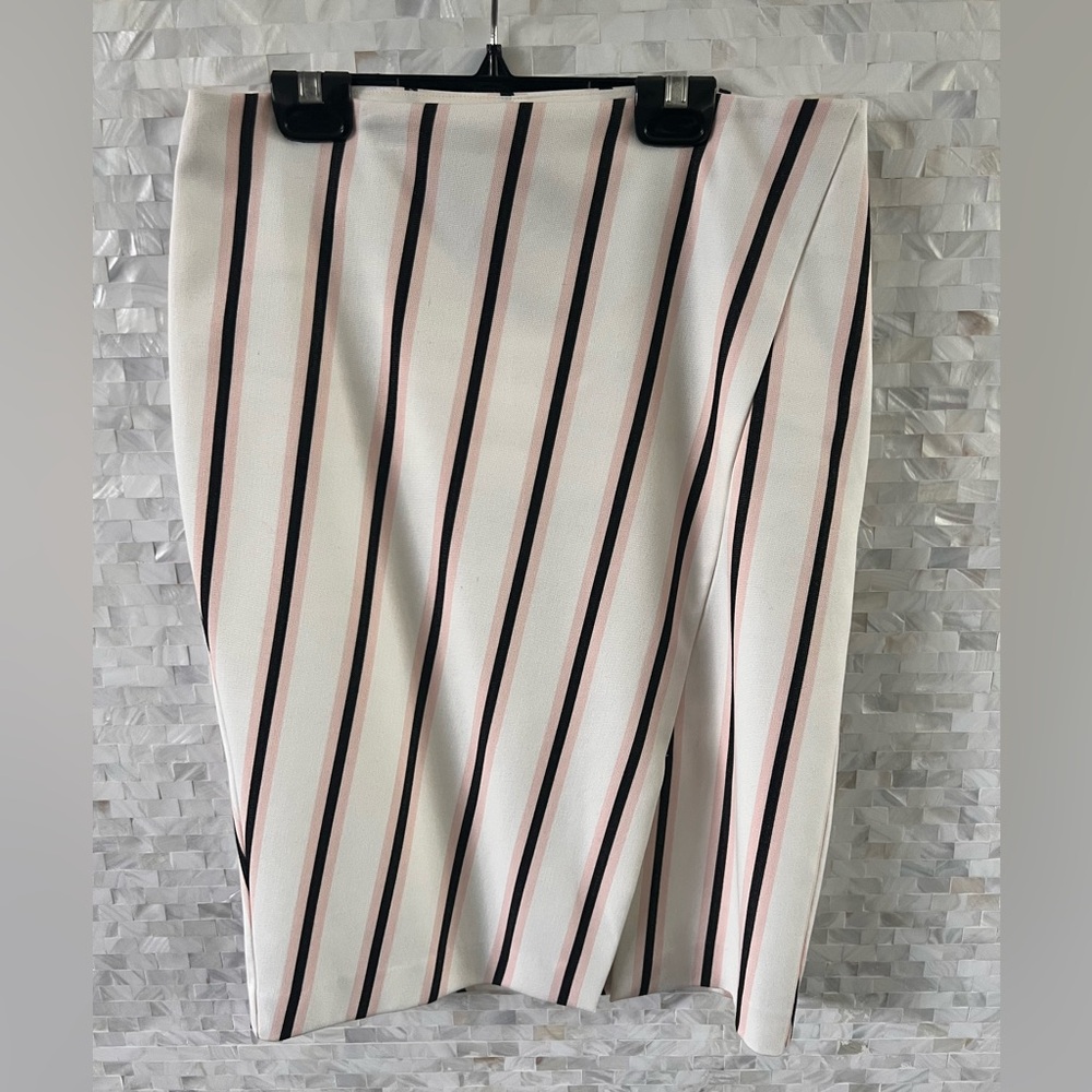 White House Black Market, off white/cream pencil skirt with pink/black stripes